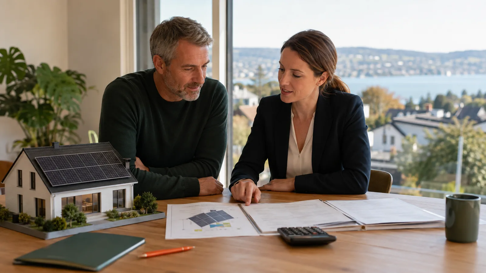 Beratung zur Einmalvergütung für eine Solaranlage mit Unterlagen und Hausmodell