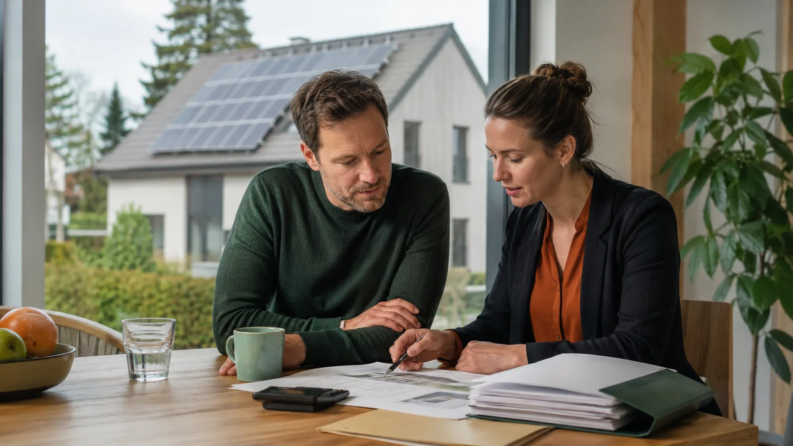 Hausbesitzer und Solarberater besprechen die Förderung einer Solaranlage in der Schweiz