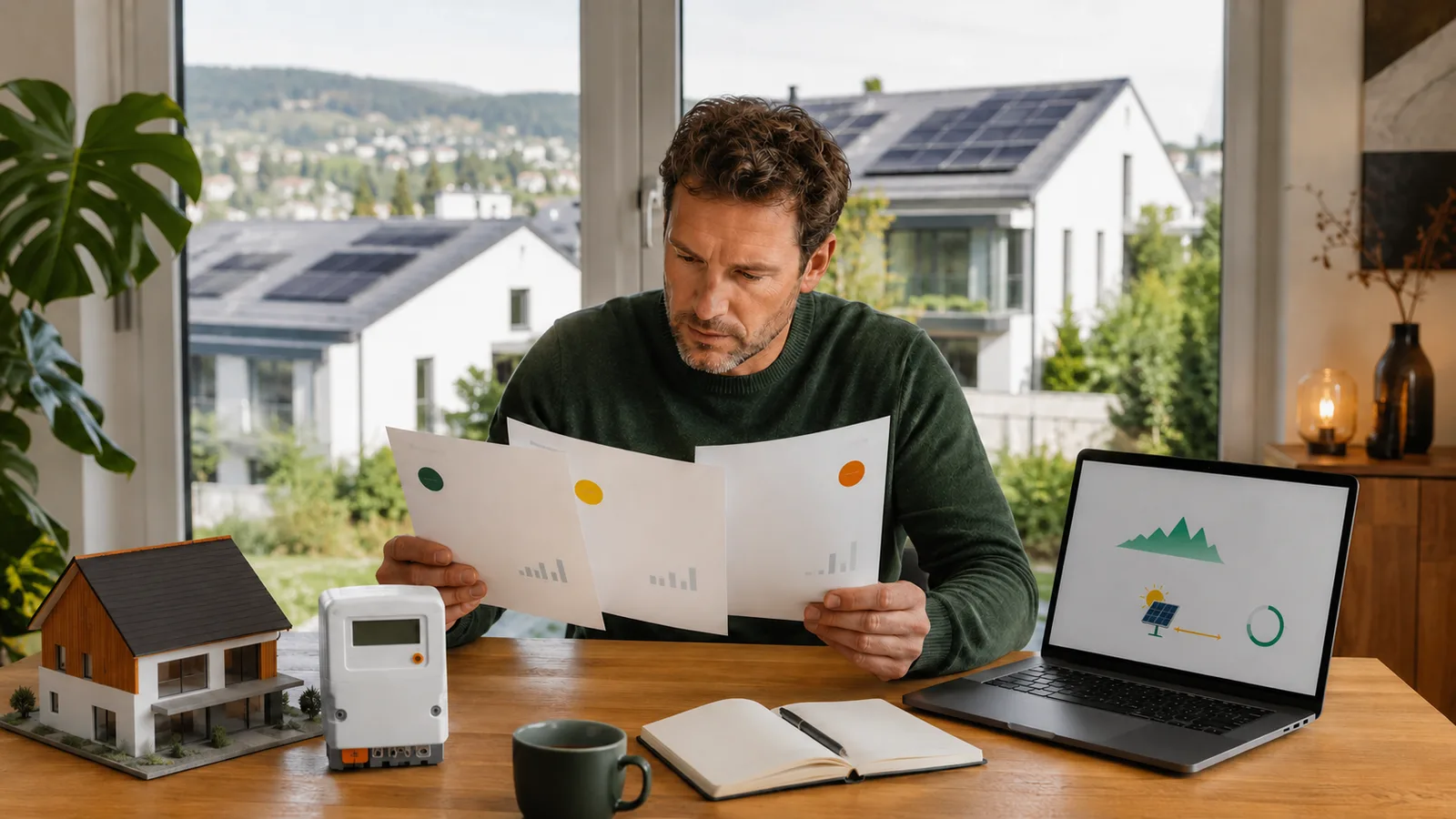 Hausbesitzer vergleicht Rückliefertarife mit Stromabrechnungen und Solar-Dashboard
