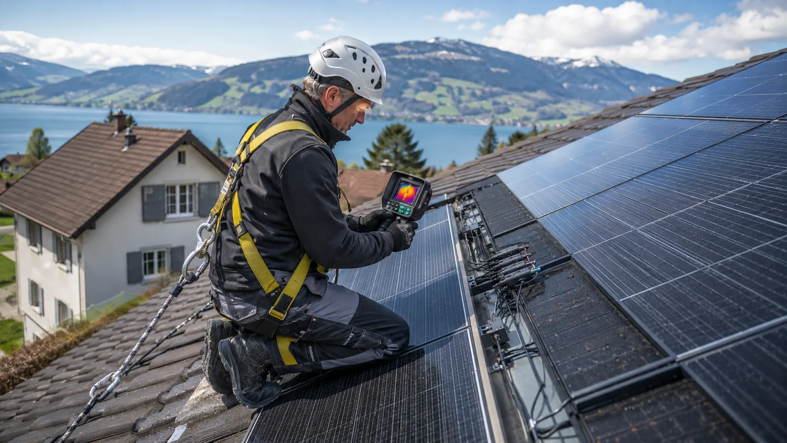 Specialist checks the connections of a solar system with a thermal imaging camera