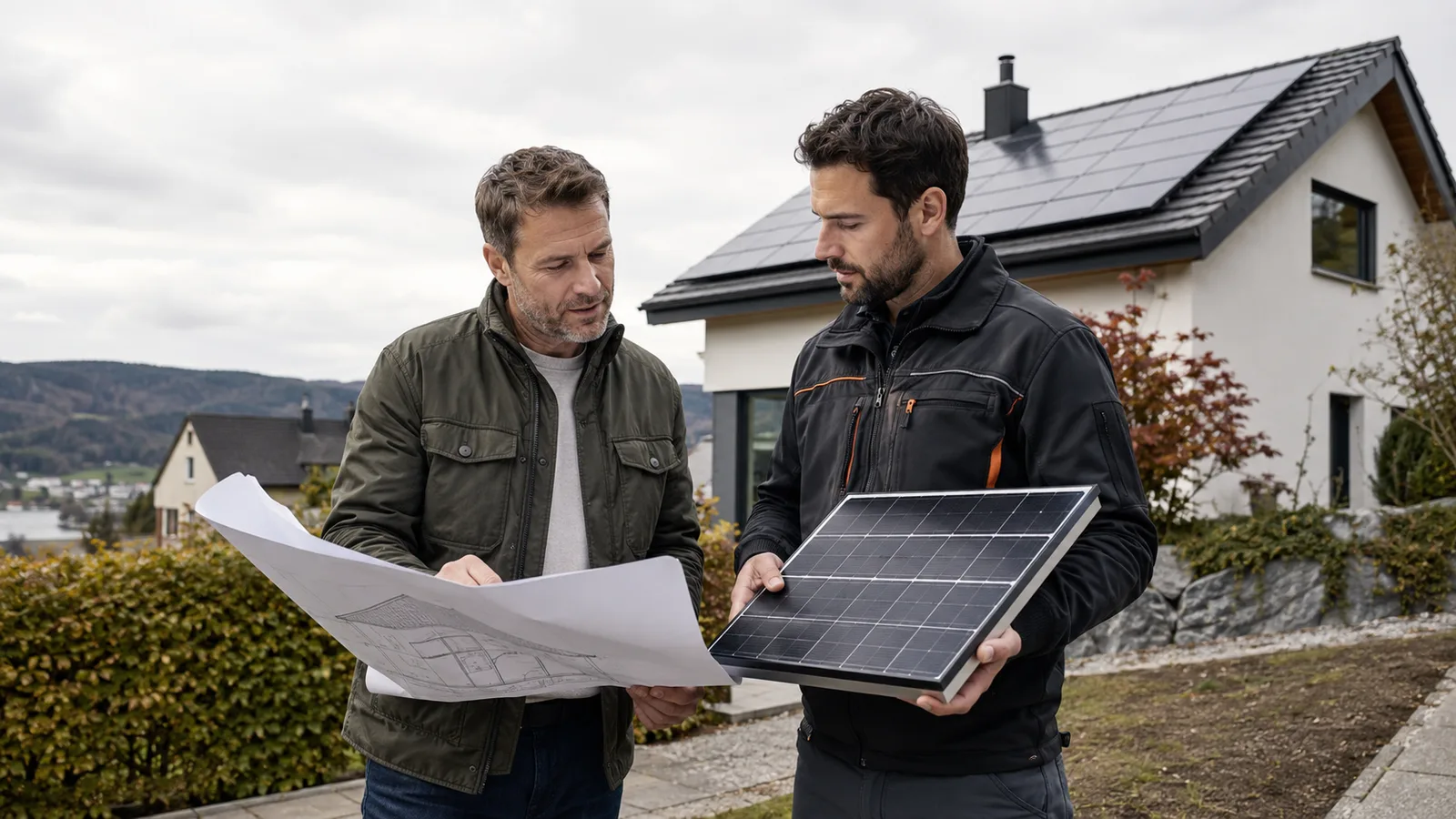 Hausbesitzer und Solarinstallateur planen den Kauf einer Solaranlage