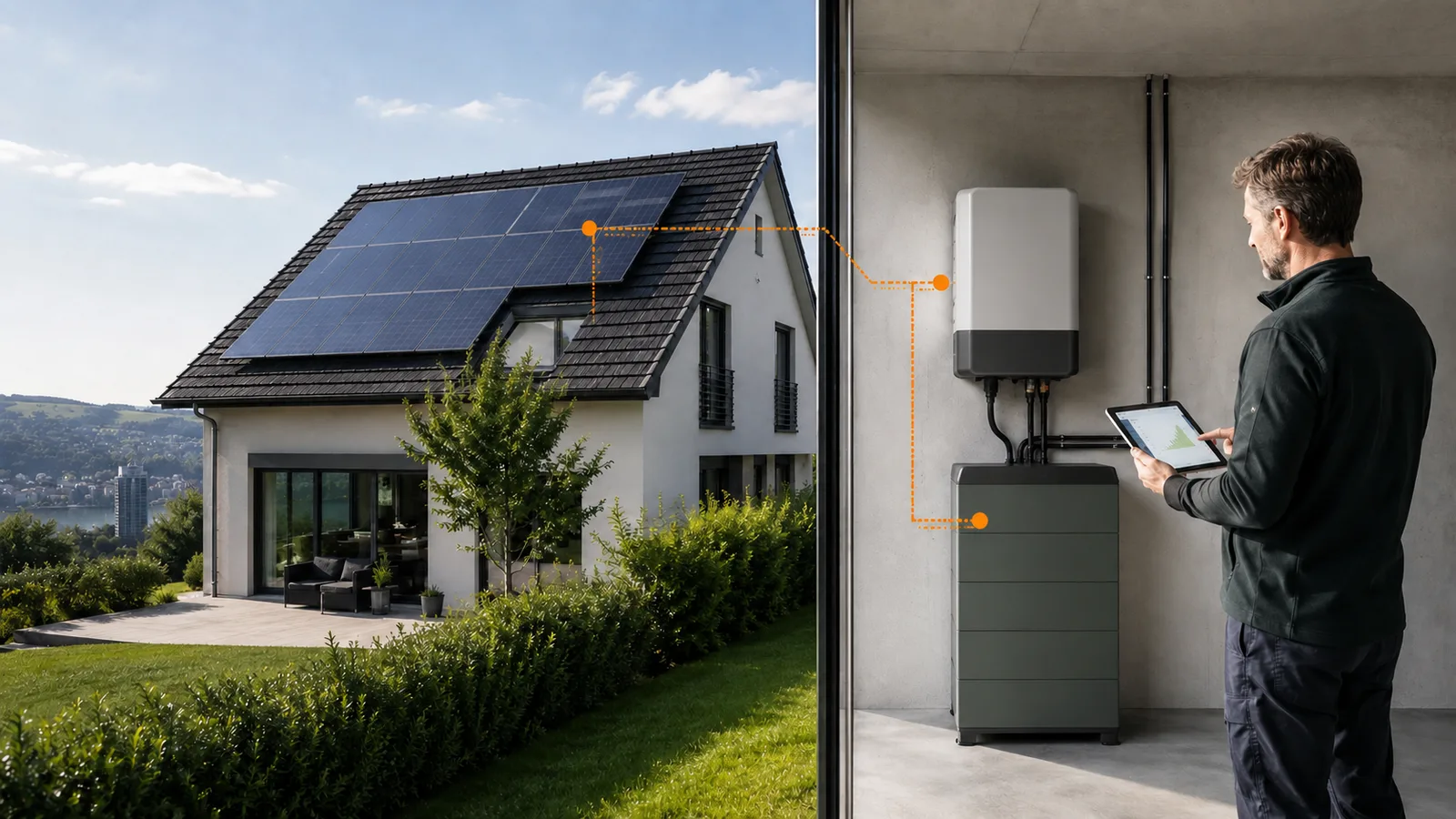 Solaranlage mit Heimspeicher und Wechselrichter in einem Schweizer Einfamilienhaus