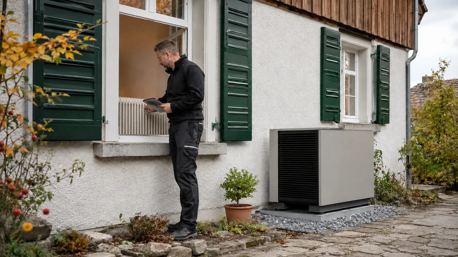 Heizungsfachmann prüft Wärmepumpe und Heizkörper an einem Schweizer Altbau