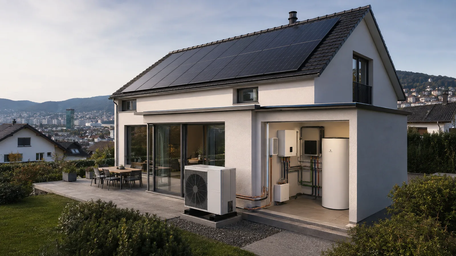 Wärmepumpe und Photovoltaik an einem modernen Schweizer Einfamilienhaus