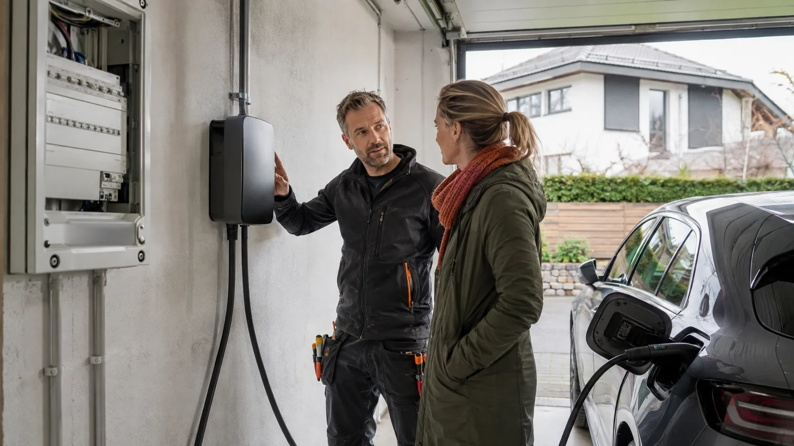 Elektriker erklärt einer Hausbesitzerin die Installation einer Wallbox