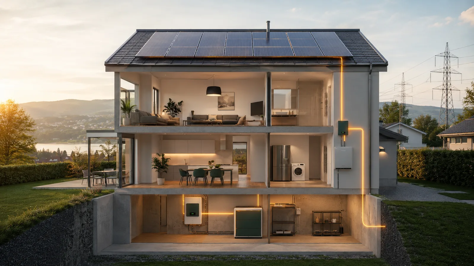 Funktionsweise einer Photovoltaikanlage mit Hausverbrauch, Speicher und Stromnetz
