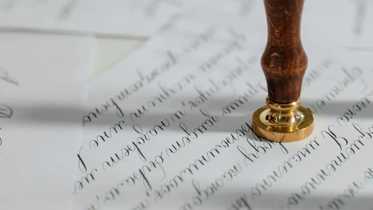 Messingsiegel mit Holzgriff auf einem handschriftlichen Dokument