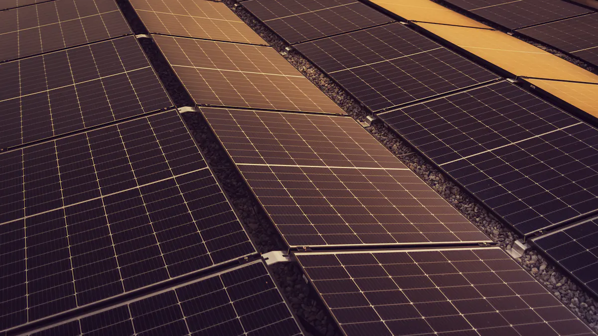 Mehrere Reihen von Solarmodulen auf einem Dach