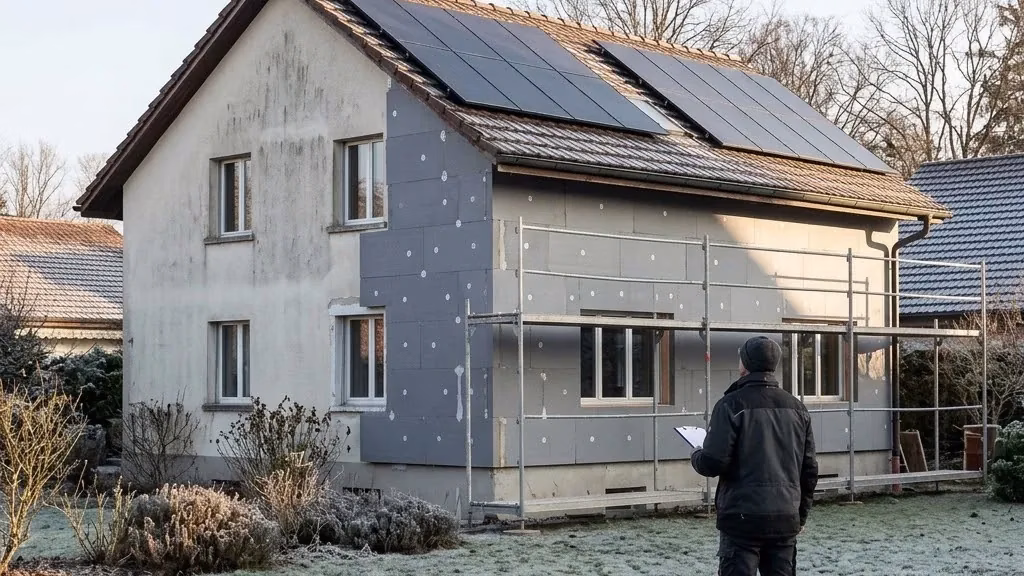 Älteres Haus mit teilweise gedämmter Fassade und Solardach, davor eine Fachperson mit Klemmbrett von hinten