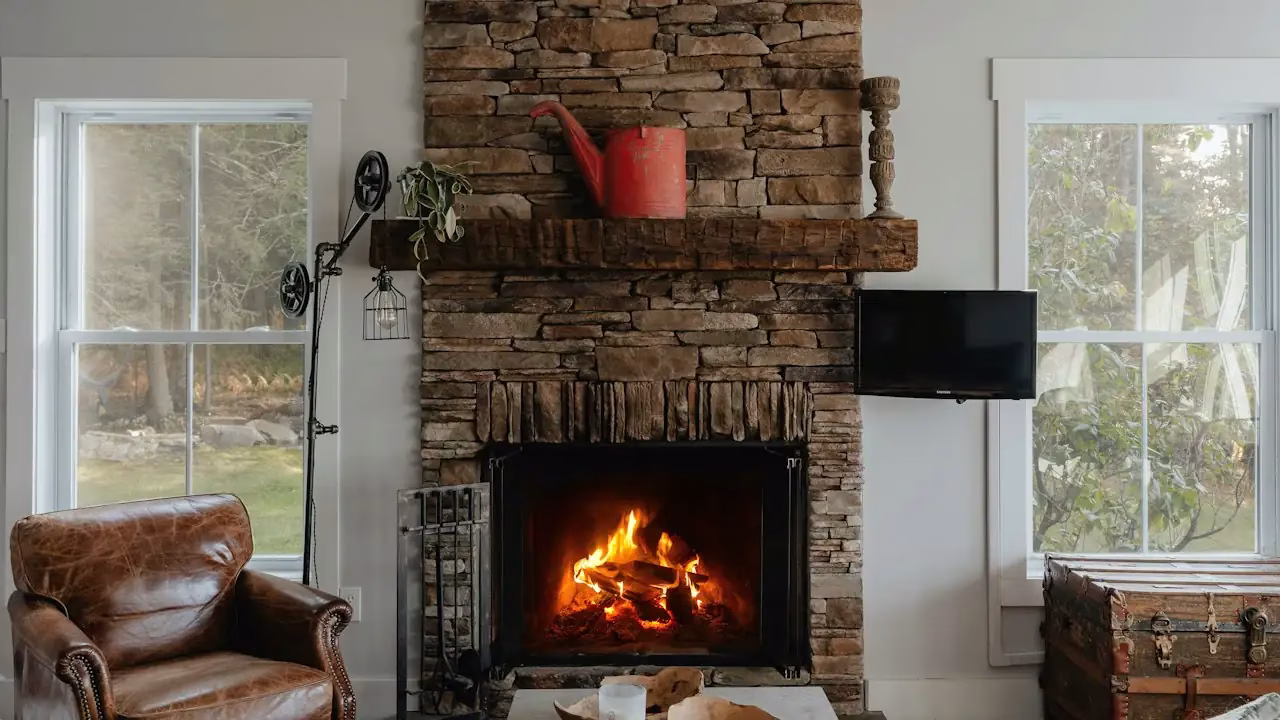 Wohnzimmer mit Steinkamin, brennendem Feuer und Ledersessel Wohnzimmer mit Steinkamin, brennendem Feuer und Ledersessel