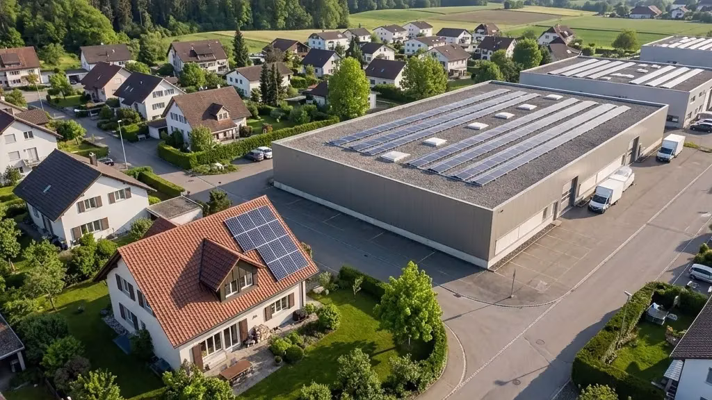 Luftbild: kleines Einfamilienhausdach mit Solaranlage und daneben ein grosses Hallendach mit Modulreihen