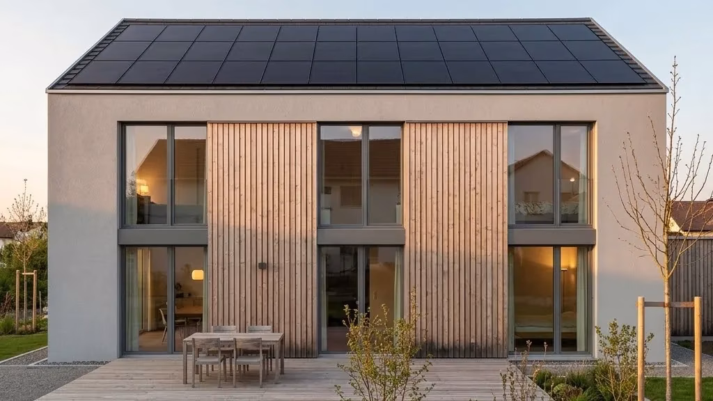 Neubau-Einfamilienhaus mit durchgehend schwarzem Pultdach aus Photovoltaikmodulen im Abendlicht
