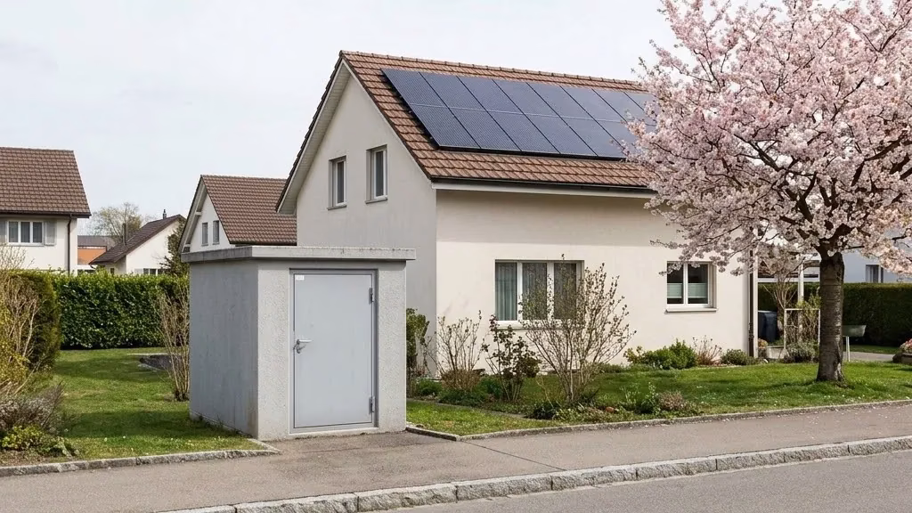 Graue Netzverteilkabine am Gehsteig, dahinter ein Einfamilienhaus mit Solarmodulen auf dem Ziegeldach