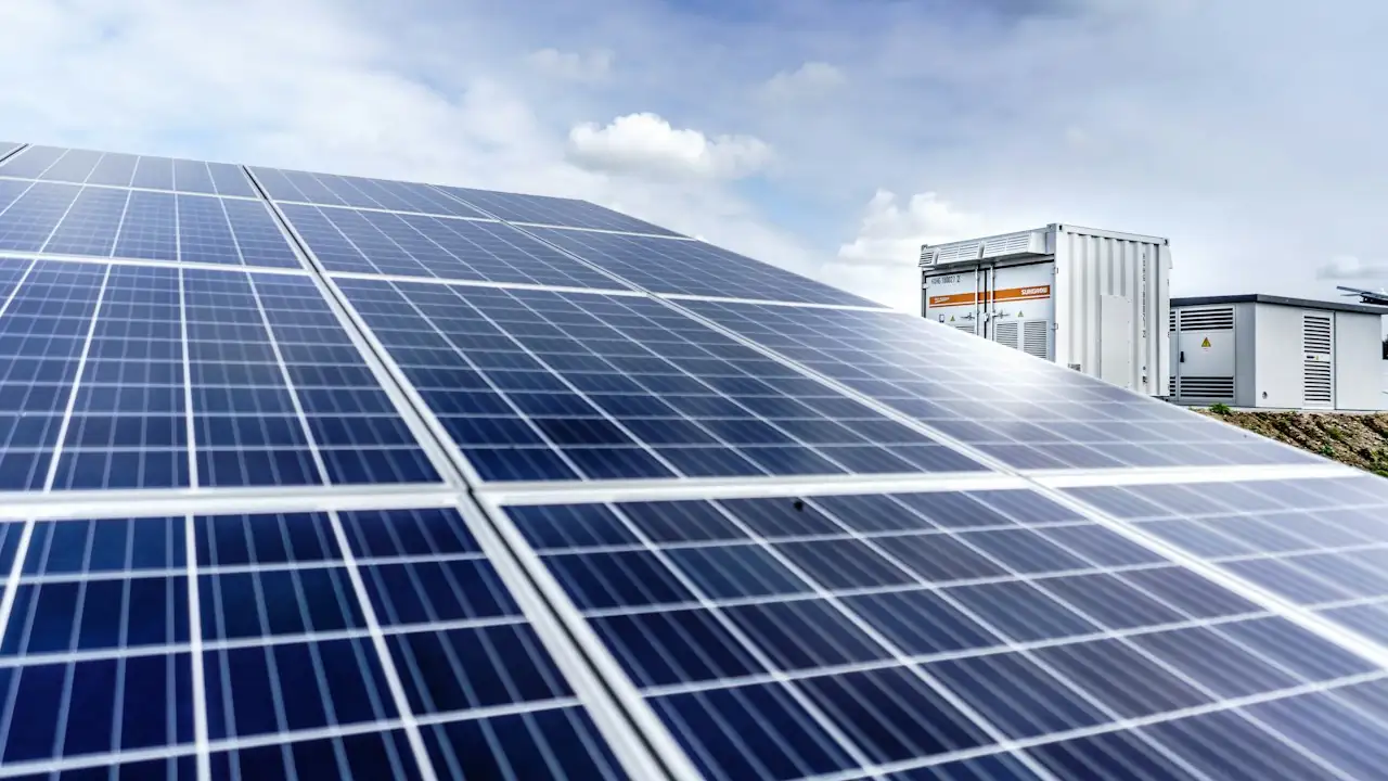 Solarmodule auf einem Dach, im Hintergrund Wechselrichter-Container