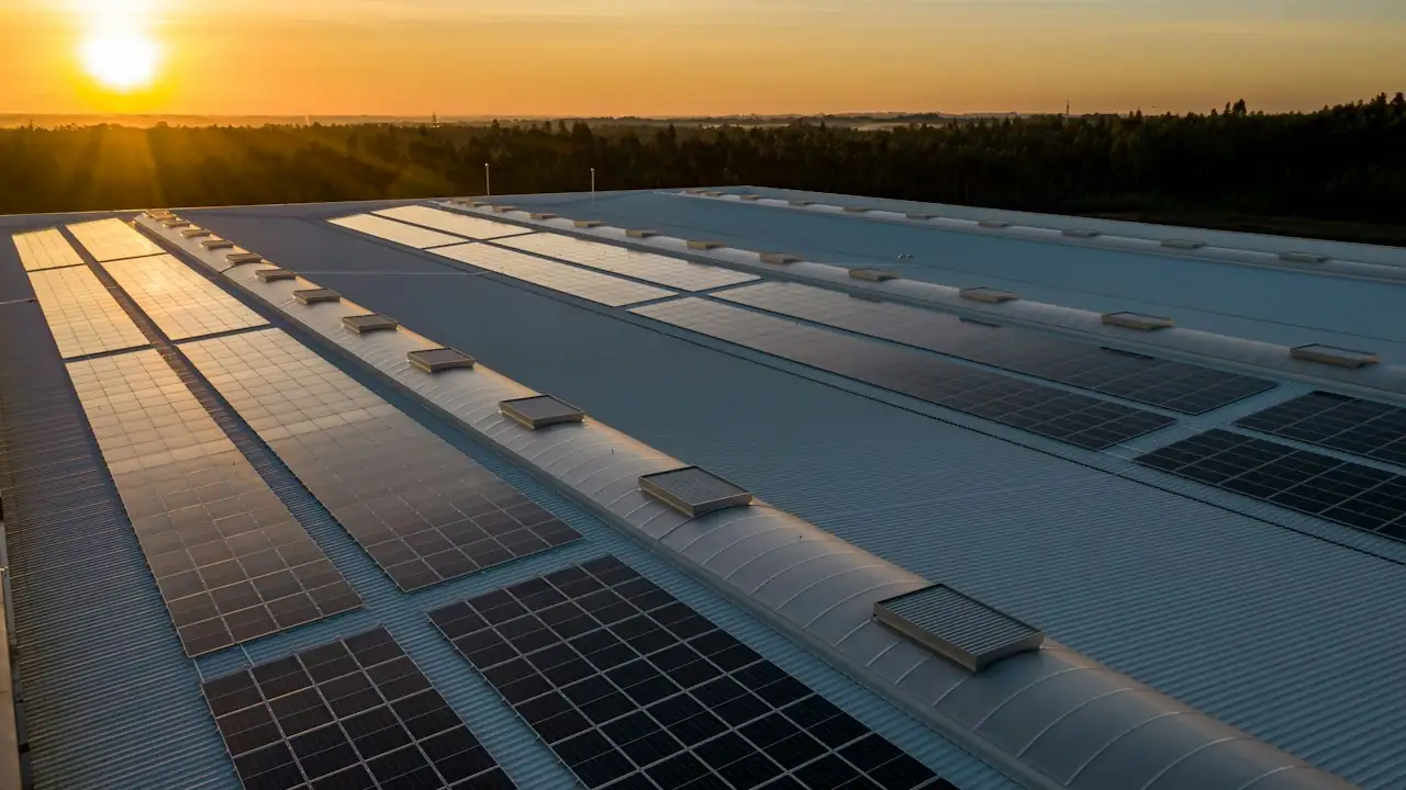 Industriedach mit Solarmodulen bei Sonnenuntergang