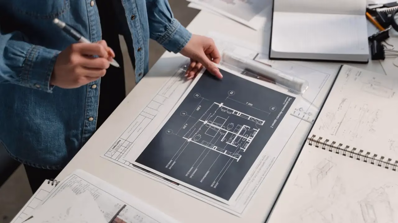 Person mit Stift über Plänen und einem Notizbuch auf einem Arbeitstisch