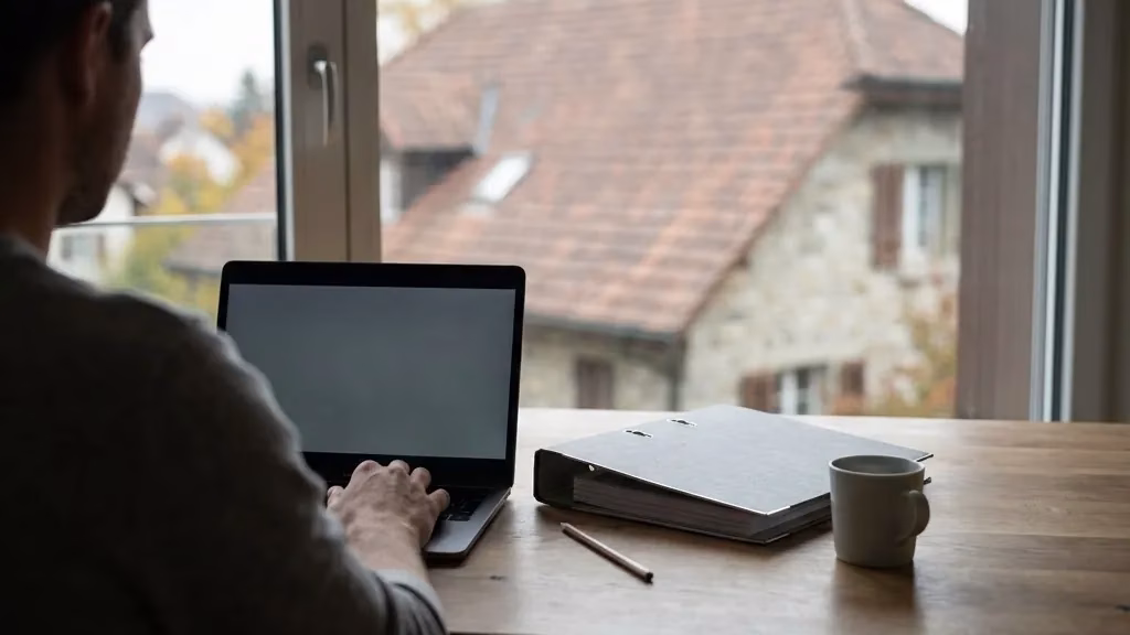 Hände auf einer Laptop-Tastatur am Schreibtisch, daneben ein geschlossener Ordner und ein Bleistift
