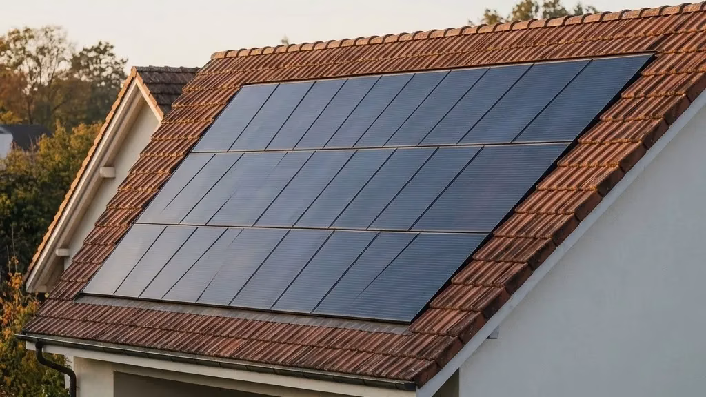 Dach mit bündig eingebauter Indach-Solaranlage zwischen rotbraunen Ziegeln im Herbstlicht