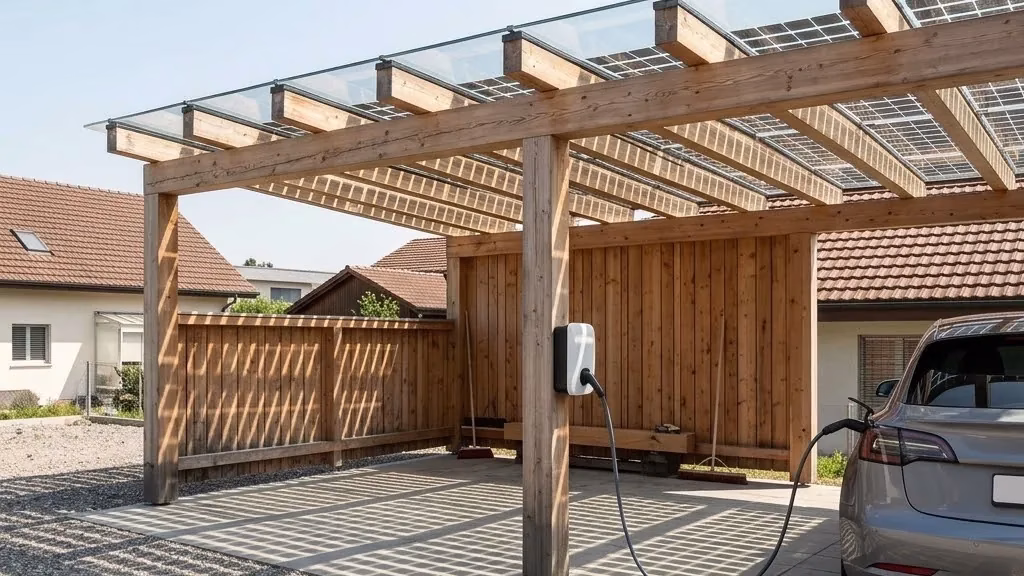 Carport mit gläsernem Solardach, Wallbox am Holzpfosten und angeschlossenem Elektroauto Carport mit gläsernem Solardach, Wallbox am Holzpfosten und angeschlossenem Elektroauto
