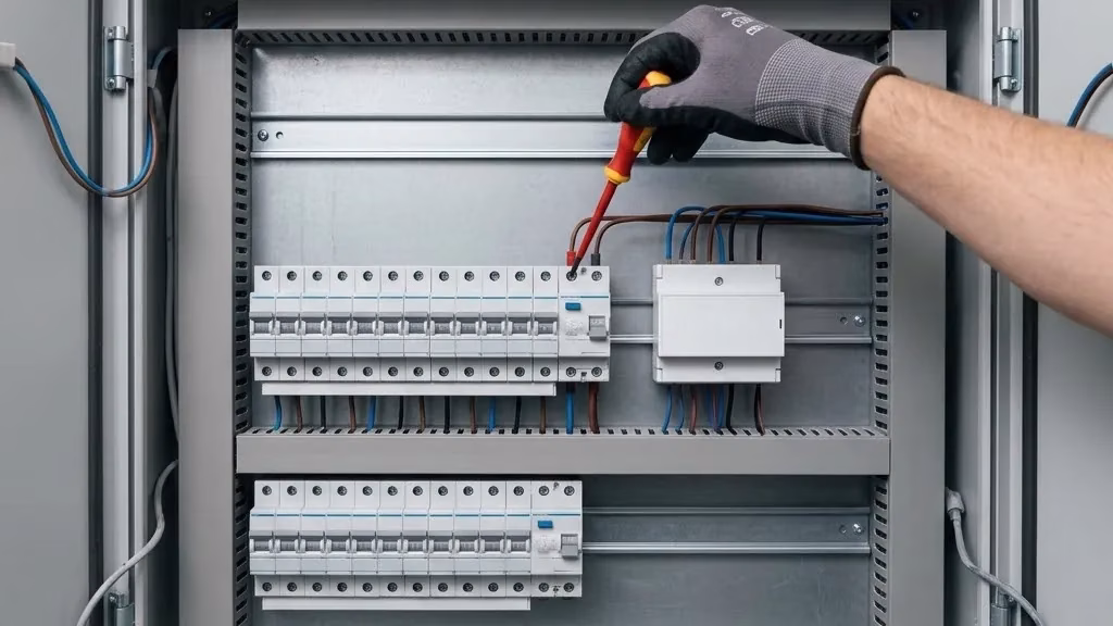 Offener Verteilerschrank mit Sicherungen und einem weissen Energiemanager-Gehäuse Offener Verteilerschrank mit Sicherungen und einem weissen Energiemanager-Gehäuse