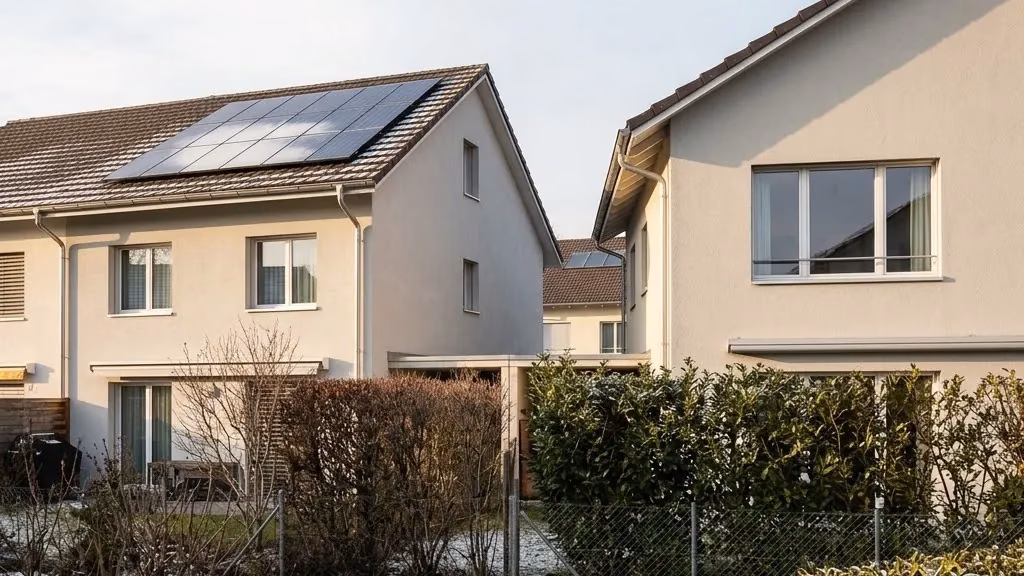 Reihenhäuser mit Solardach und Nachbarfenster hinter einer Hecke bei tiefstehender Sonne