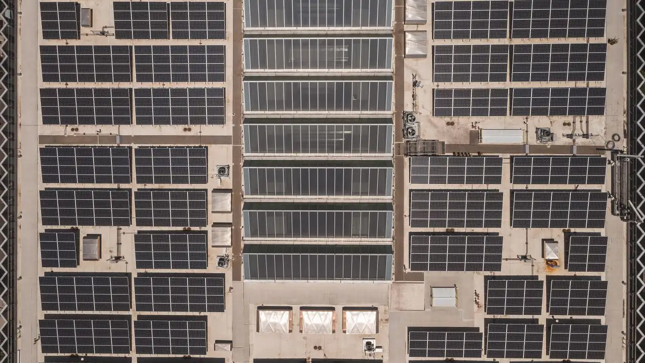 Draufsicht auf ein grosses Gewerbedach mit mehreren Solarmodulfeldern