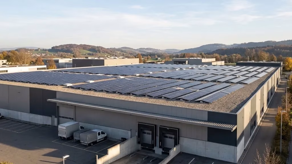 Flachdach einer Lagerhalle mit langen Reihen aufgeständerter Solarmodule im Herbstlicht Flachdach einer Lagerhalle mit langen Reihen aufgeständerter Solarmodule im Herbstlicht