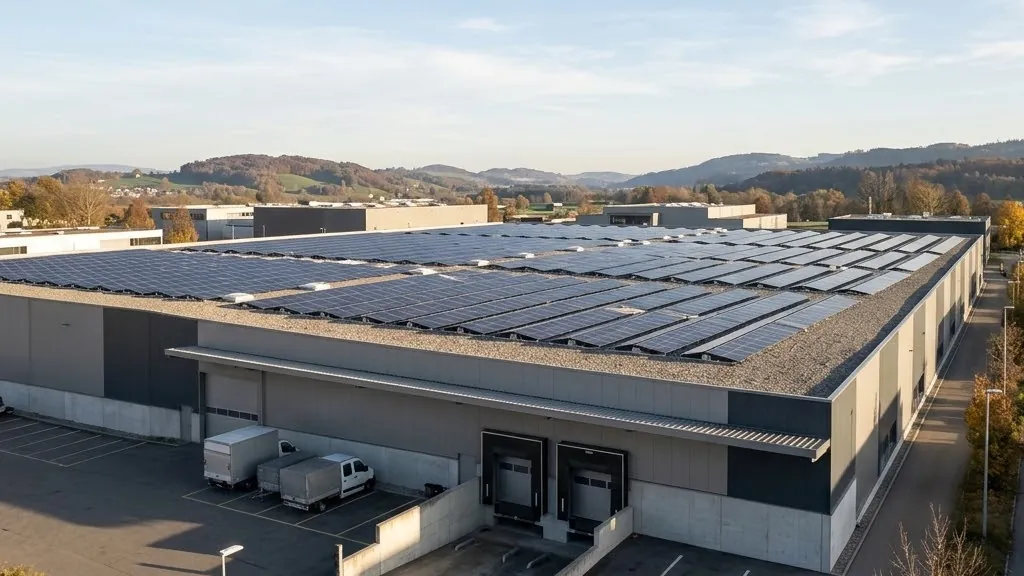 Flachdach einer Lagerhalle mit langen Reihen aufgeständerter Solarmodule im Herbstlicht
