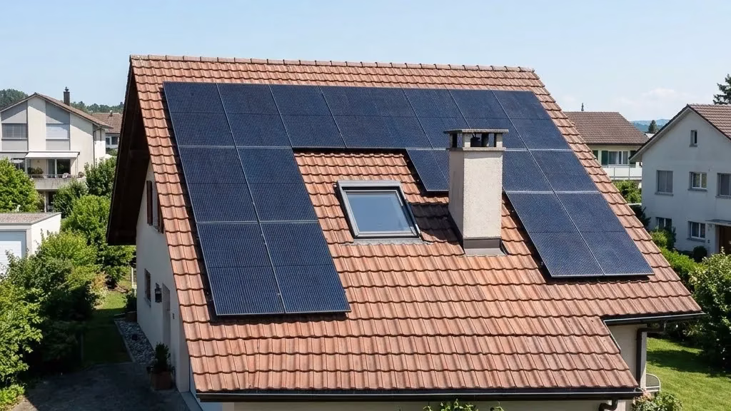 Ziegeldach von oben mit Solarmodulfeld, das Kamin und Dachfenster ausspart Ziegeldach von oben mit Solarmodulfeld, das Kamin und Dachfenster ausspart