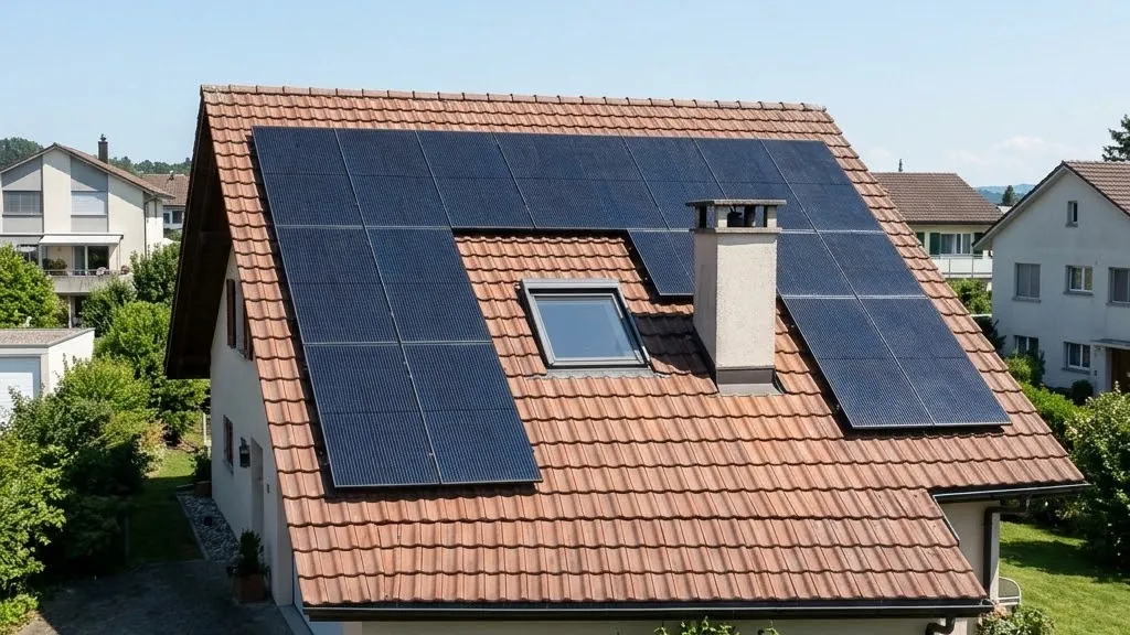 Ziegeldach von oben mit Solarmodulfeld, das Kamin und Dachfenster ausspart
