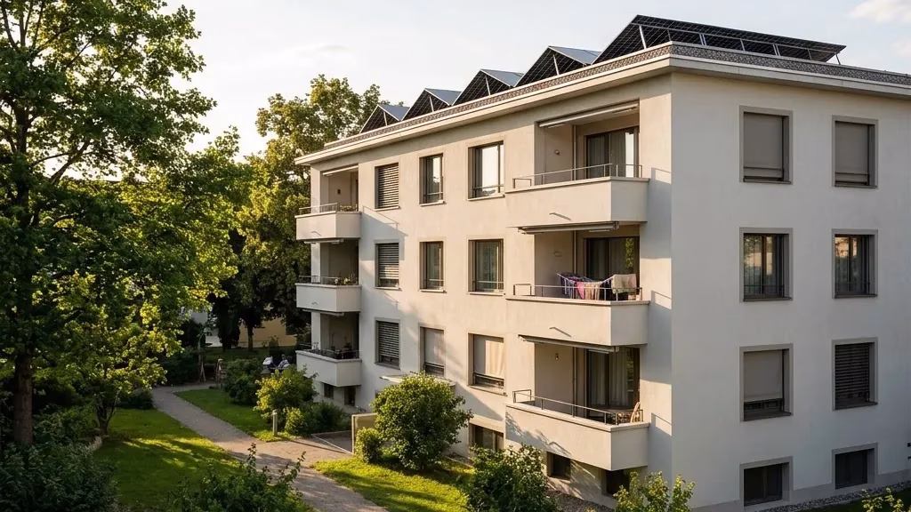 Mehrfamilienhaus mit Balkonen und Solarmodulen am Dachrand, von einem Innenhof aus gesehen