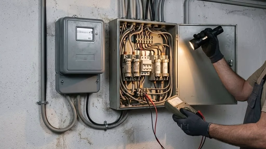 Elektriker leuchtet in einen alten Zählerkasten im Keller und hält ein Messgerät