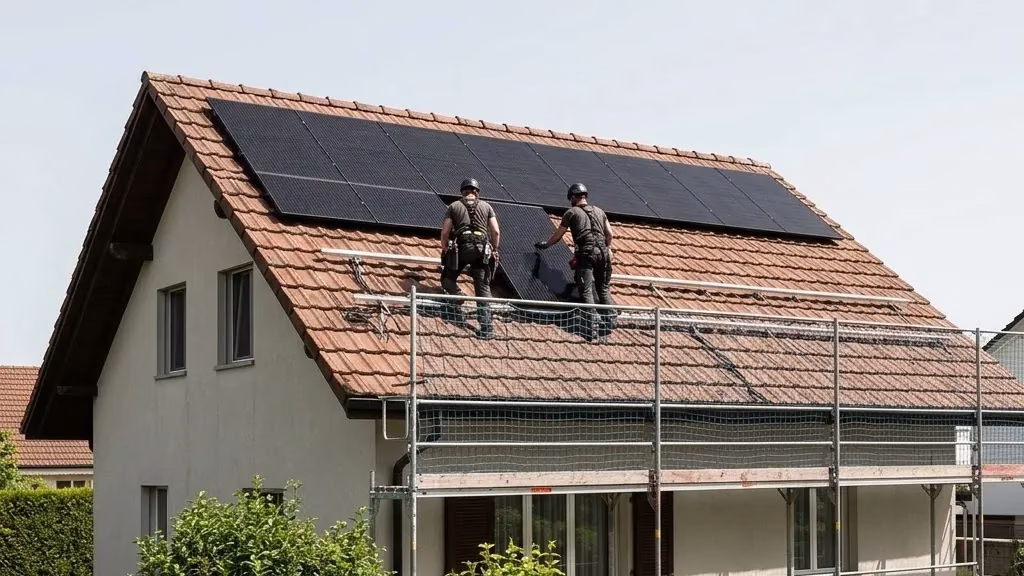 Monteure legen Solarmodule auf ein Ziegeldach, Gerüst am Einfamilienhaus, Dach teilweise belegt