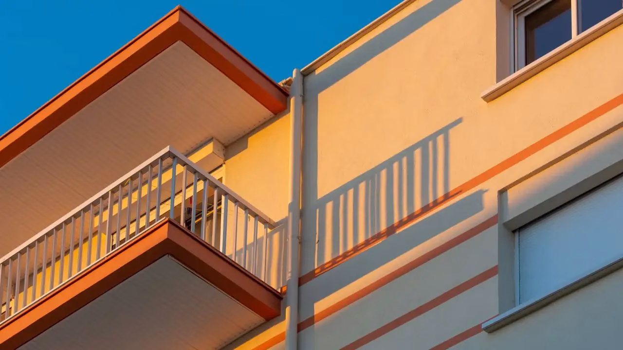 Fassade eines Mehrfamilienhauses mit Balkonen und Fenstern vor blauem Himmel