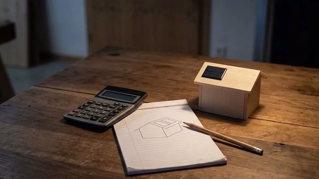 Taschenrechner, Bleistift und Notizblock mit Dachskizze neben einem Holzhausmodell mit Solarmodul