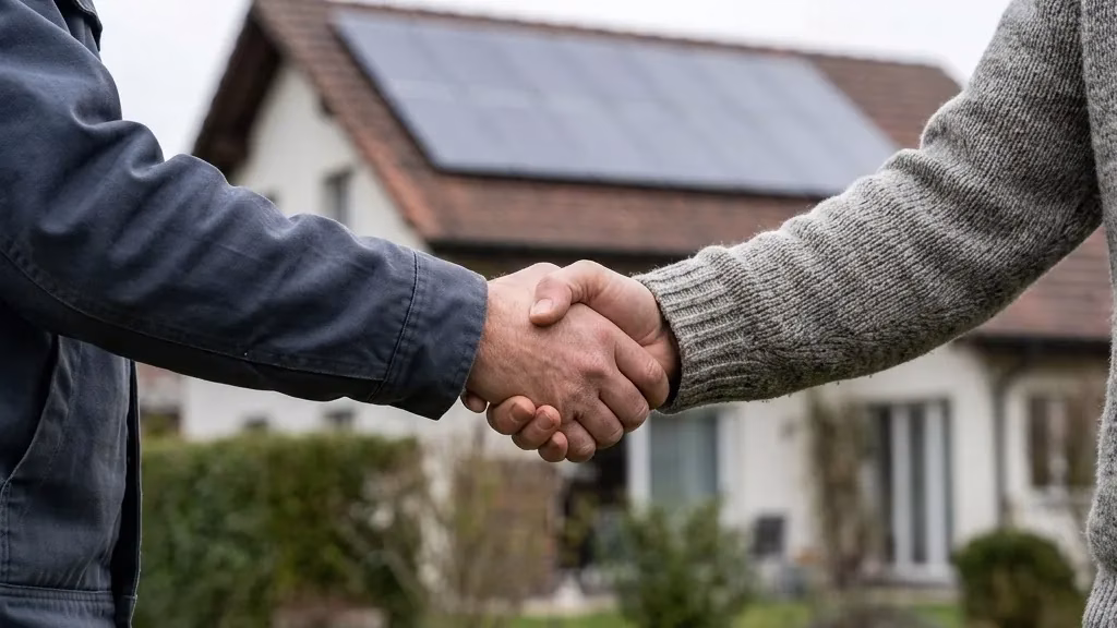 Handschlag zwischen Monteur und Hausbesitzer, im Hintergrund unscharf ein Dach mit Solarmodulen