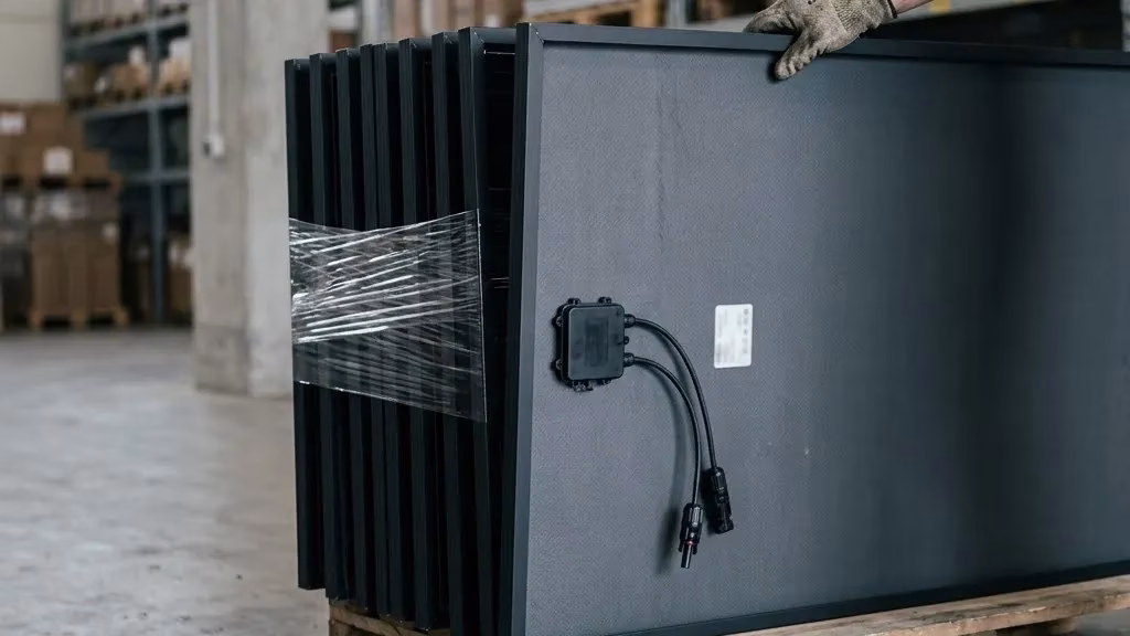 Hand zieht ein Solarmodul von einer Palette im Lager, Rückseite mit Anschlussdose sichtbar Hand zieht ein Solarmodul von einer Palette im Lager, Rückseite mit Anschlussdose sichtbar