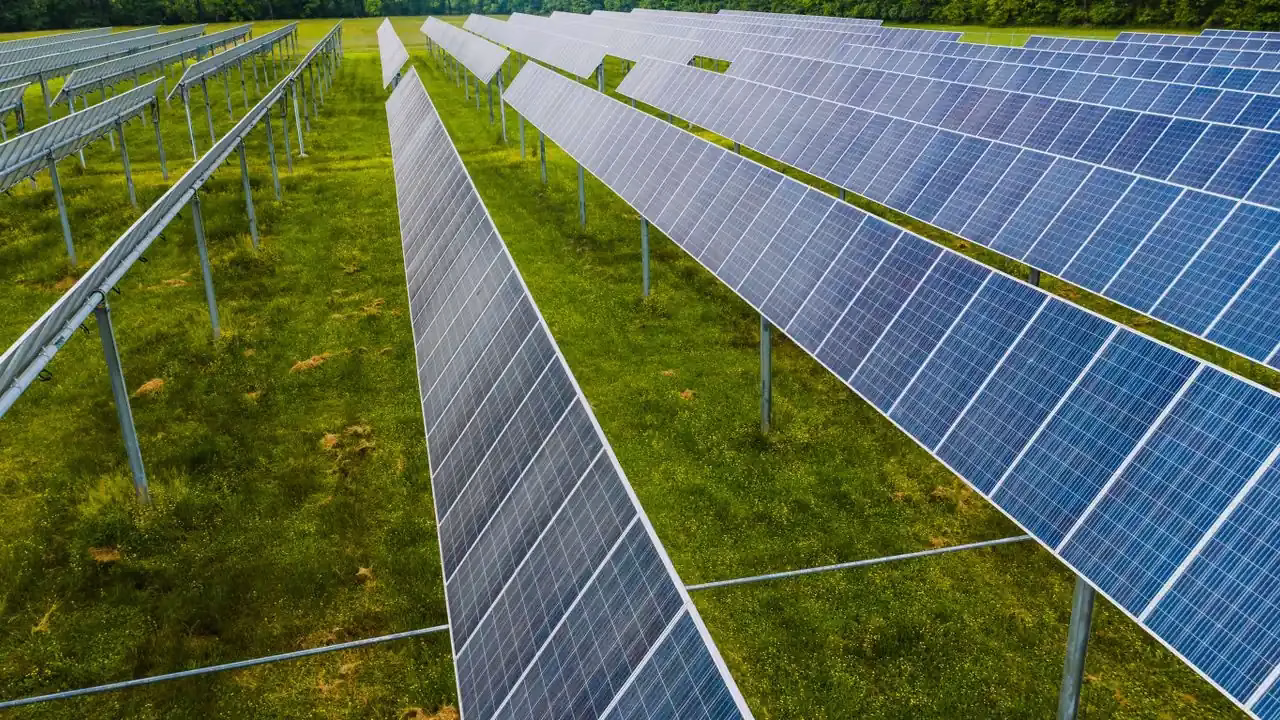 Schräg aufgeständerte Solarmodule in Reihen auf grüner Wiese Schräg aufgeständerte Solarmodule in Reihen auf grüner Wiese