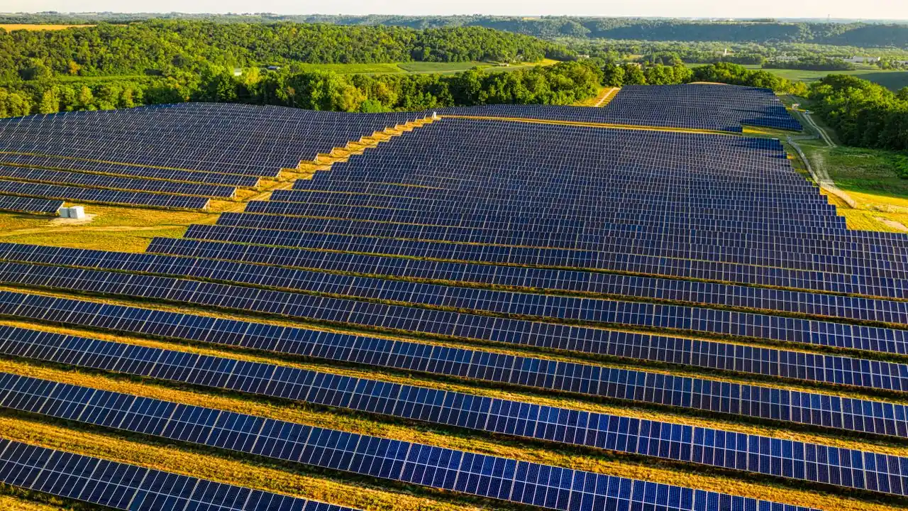 Luftaufnahme eines grossen Solarparks in hügeliger, bewaldeter Landschaft