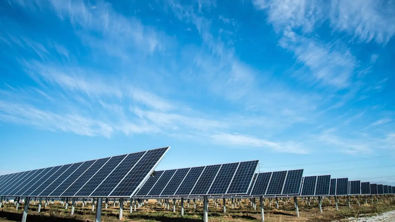 Reihen von Solarmodulen auf einer Freifläche unter blauem Himmel Reihen von Solarmodulen auf einer Freifläche unter blauem Himmel