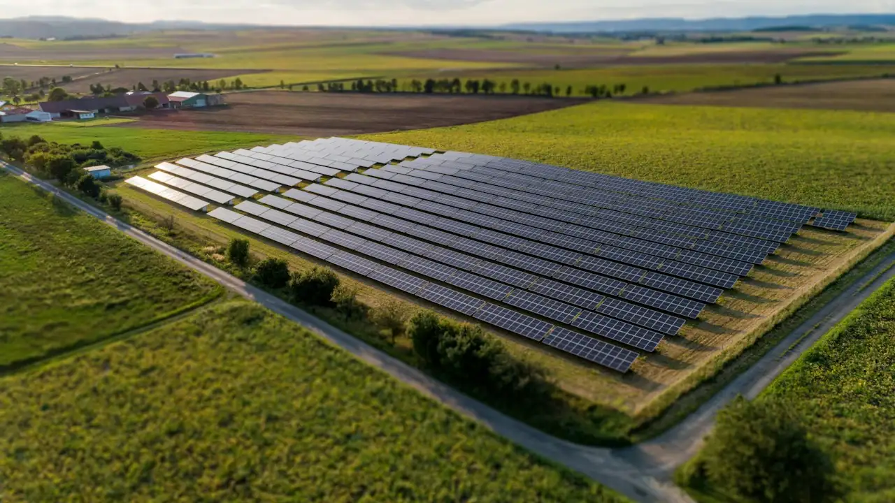 Luftaufnahme eines Solarparks zwischen Feldern und Dörfern