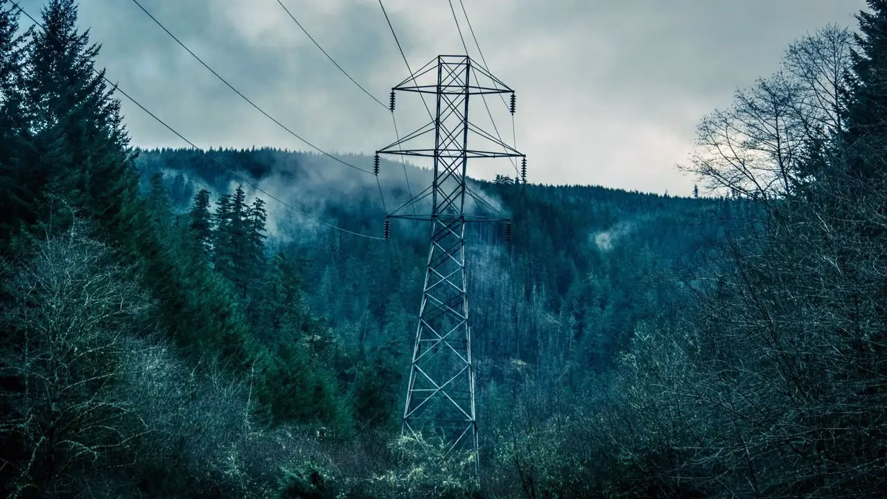 Strommast und Leitungen an einem bewaldeten Hang mit Nebel Strommast und Leitungen an einem bewaldeten Hang mit Nebel