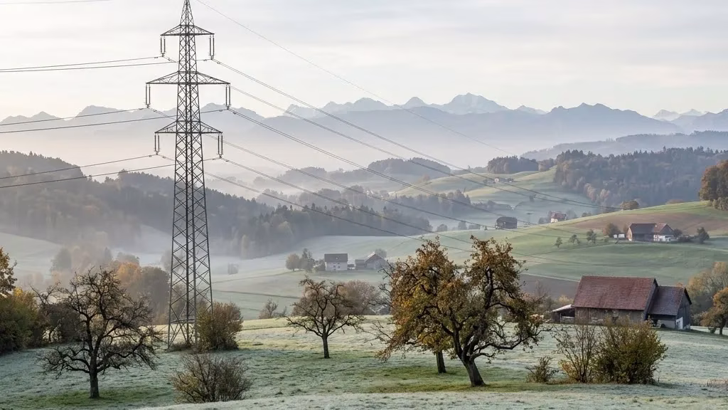 Hochspannungsmast mit Freileitung in herbstlicher Schweizer Hügellandschaft am Morgen