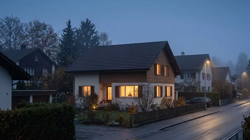 Einzelnes Haus mit erleuchteten Fenstern in einer sonst dunklen Siedlung zur blauen Stunde Einzelnes Haus mit erleuchteten Fenstern in einer sonst dunklen Siedlung zur blauen Stunde