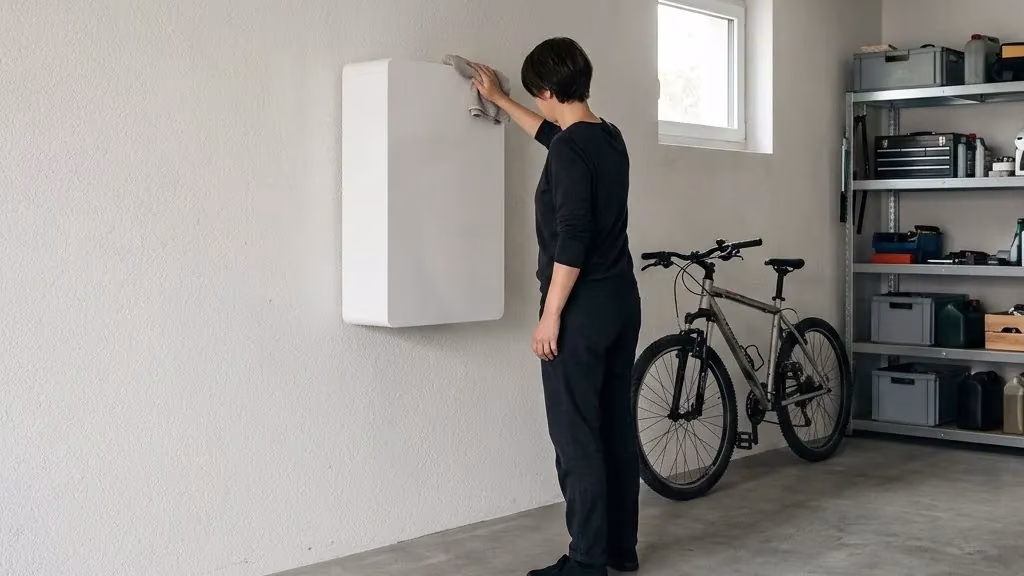 Person wischt Staub von einem an der Garagenwand montierten Batteriespeicher, daneben ein Velo Person wischt Staub von einem an der Garagenwand montierten Batteriespeicher, daneben ein Velo