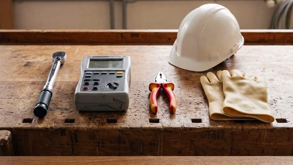 Werkzeug eines Solarinstallateurs auf der Werkbank: Drehmomentschlüssel, Prüfgerät, Zangen, Helm