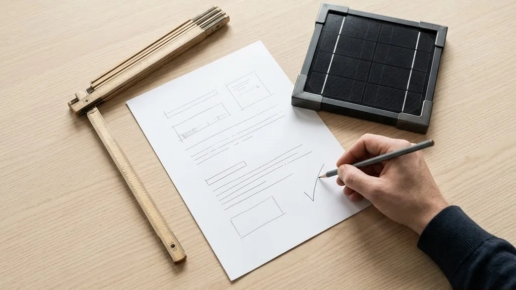 Moduleckenmuster, Blatt Papier und Bleistift auf einer Arbeitsfläche, eine Hand setzt einen Haken