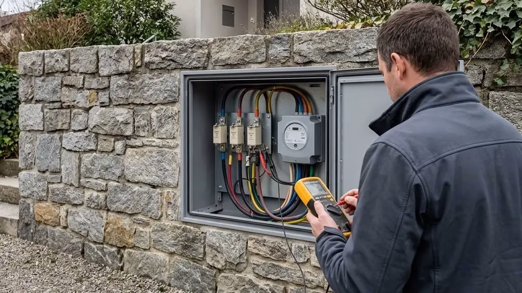 Netzmonteur prüft einen geöffneten Hausanschlusskasten in einer Gartenmauer
